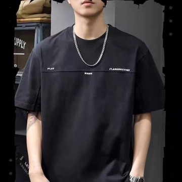 ??美式潮牌潮流重磅拼接短袖t恤男士高級感夏季新款刺繡半袖體恤衫