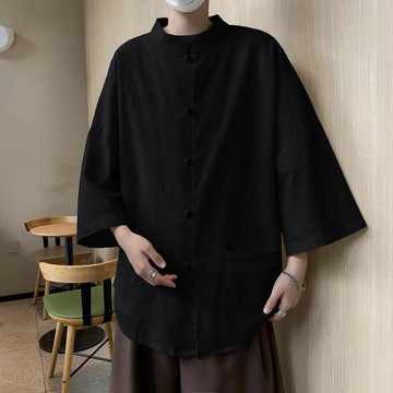 新中式唐裝亞麻七半分袖襯衫男士夏季薄款短袖純棉襯衣中山裝外套