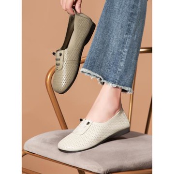 路施南LUSHINAN新款媽媽鞋軟底舒適洞洞鞋軟皮真皮鏤空單鞋奶奶鞋