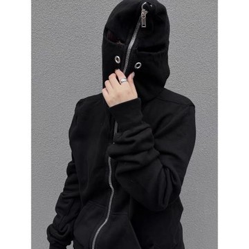 暗黑風外套秋季新款黑色蒙面衛衣開衫男女情侶寬松休閑巫師帽外套