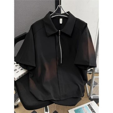 夏季薄款半拉鏈短袖襯衫男休閑潮牌高級感日系港風痞帥冰絲polo衫