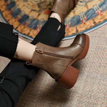 真皮粗跟短靴女英倫風防水臺厚底馬丁靴復古切爾西靴歐美短筒單靴