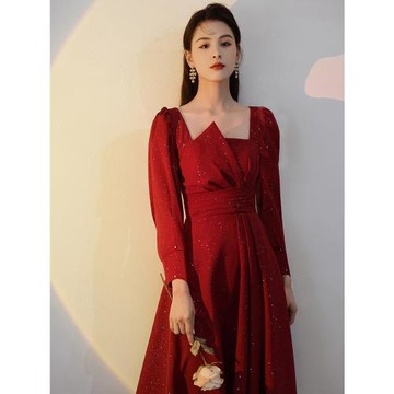 酒紅色敬酒服新娘長袖訂婚禮服裙秋冬回門便裝連衣裙平時穿小個子