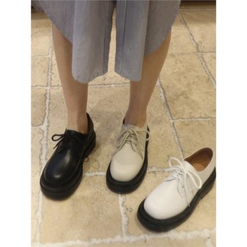 小池在首爾2023春季新款圓頭松糕厚底中跟系帶深口休閑皮鞋單鞋女