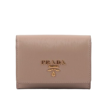[平輸]PRADA 浮雕Logo 水波紋皮革翻蓋卡夾/零錢包(藕粉色)