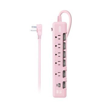 6開5插USB+Type C PD 30W 快充延長線 2.7米-HPS1653 櫻花粉