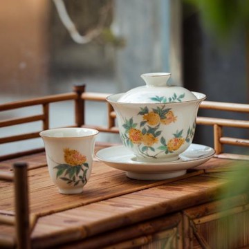 手工手繪石榴蓋碗草木灰復古茶具泡茶碗防燙功夫茶具家用陶瓷套裝