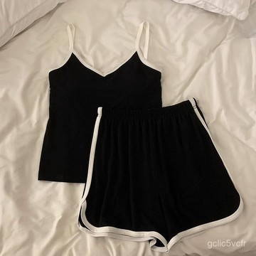 多色可選 夏季睡衣女 冰絲睡衣 吊帶背心睡衣 家居服女 寬鬆大碼家居服 帶胸墊睡衣女 家居服兩件套 純色家居服