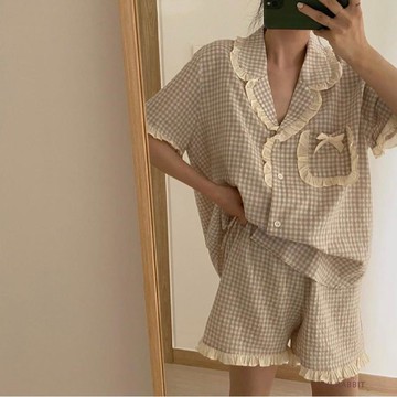 韓國ins木耳花邊格子睡衣女夏套短袖短褲開衫家居服兩件套裝女薄大碼睡衣居家服可愛睡衣短袖居家服家居服
