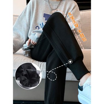 運動褲女秋冬加絨2022年新款高腰寬松束腳休閑褲子黑色小個子衛褲