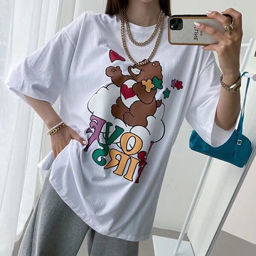 ANNAS 正韓 情侶裝 CAREBEARS 愛心熊 彩虹熊 短袖 T 上衣 寬鬆 長版 棉T 卡通 可愛 熊熊 韓國