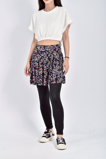 (M) 高腰棉質花紋鬆緊腰黑色褲裙