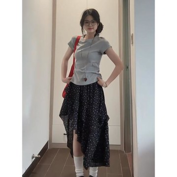 大碼胖mm法式不規則荷葉邊半身裙女夏季新款復古開叉碎花A字裙子