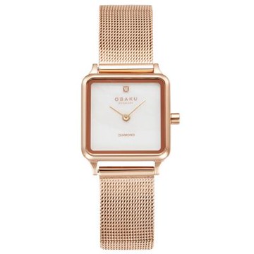 OBAKU 經典方框設計珍珠貝面盤腕錶-玫瑰金(V301LXVWMV)