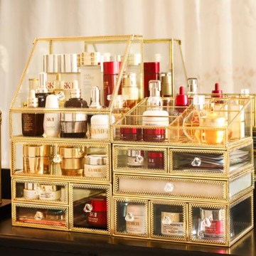 網紅玻璃化妝品收納盒口紅首飾家用桌面梳妝臺大容量置物架防塵