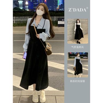 2025新款秋季假兩件拼接連衣裙子大碼女裝氣質通勤遮肚子韓系長裙