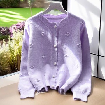 紫色小香風毛衣外套女寬松秋季2024新款日系釘珠軟糯針織開衫