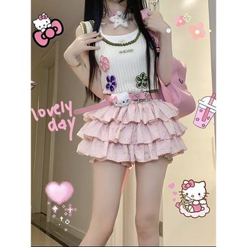 日系軟妹小個子多巴胺百搭蛋糕裙立體壓皺蓬蓬裙粉色南瓜褲春夏款