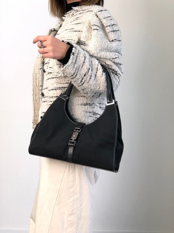【日本直送 名牌中古包】GUCCI 古馳 側背包 黑色 Jackie 帆布 單肩包 vintage 古著 82yt7z