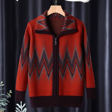 奶奶裝秋冬針織羊毛外套媽媽款拉鏈翻領開衫上衣60歲70新款春秋服