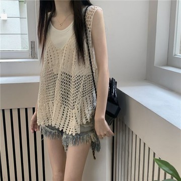 【港風辣妹設計感】鏤空針織馬甲 外穿女 春背心 外搭 無袖罩衫 上衣 吊帶背心 外搭背心 短版背心 罩衫 罩衫背心 背心