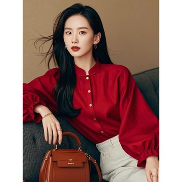 安可拉紅穿搭新中式國風紅色長袖襯衫女秋冬季高級感上衣氣質小衫