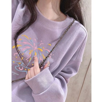 秋冬新款洋氣別致正肩圓領套頭衛衣女紫色寬松加絨加厚外套潮