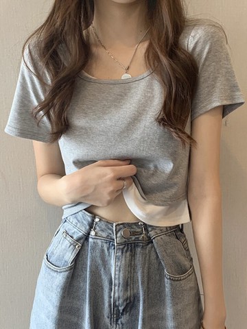 拼接假兩件短袖t恤女年新款夏季打底衫韓版寬松百搭短款上衣