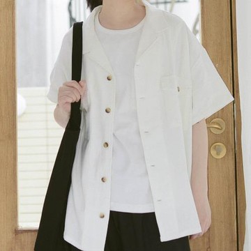 [白術自制]水洗棉雙口袋工裝白襯衣短袖純色寬松襯衫男女19ZV07