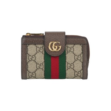 GUCCI Ophidia 綠紅織帶釦式拉鍊中夾(米色/烏木色)