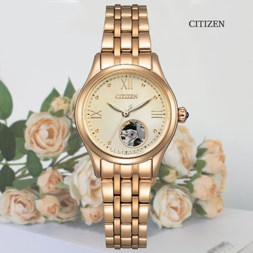 CITIZEN 星辰 LADYS 優雅羅馬字 小鏤空淑女機械錶-金色28.5mm(PR1043-80P)