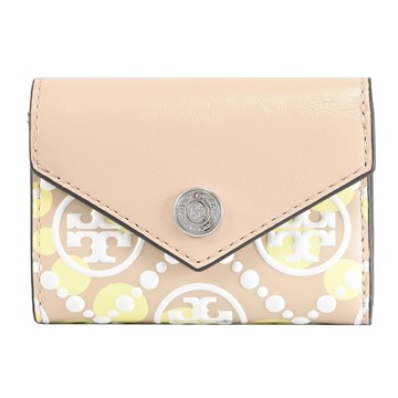 TORY BURCH 166341 立體花紋撞色皮革扣式三折小短夾.卡其/黃