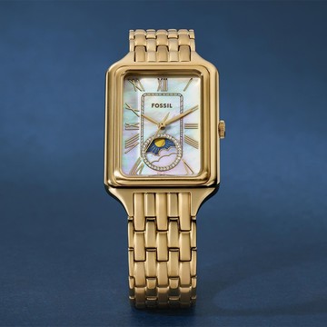 FOSSIL Raquel 日月相珍珠貝方形女錶-金/29mm ES5398