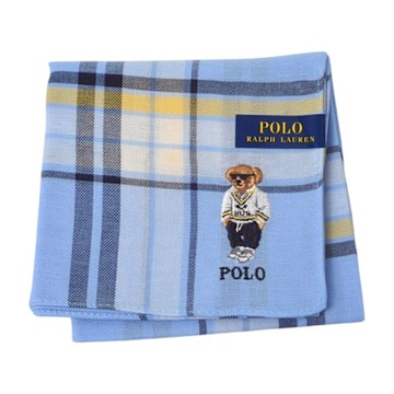 RALPH LAUREN POLO 墨鏡小熊刺繡LOGO圖騰格紋帕領巾(水藍系/48CM)