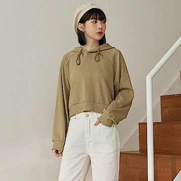 素色彈性羅紋短版休閒連帽上衣-OB大尺碼