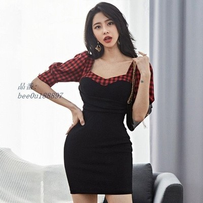 ショート丈ワンピース キャバドレス ドッキング 黒 赤チェック 半袖 夏服 ミニワンピース タイト スリム 着痩せ キャバワンピース 通販 Lineポイント最大get Lineショッピング