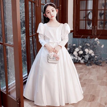 白色女童禮服兒童高級感緞面公主裙花童婚禮小女孩主持人鋼琴演奏