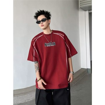 復古線條設計感重磅純棉短袖男女美式圓領印花T恤衫寬松半袖上衣