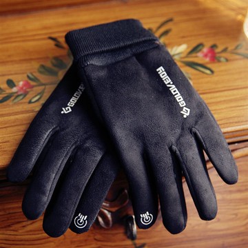 麂皮絨男士手套秋冬新款加絨加厚分指防滑反光條騎車觸屏手套保暖1入