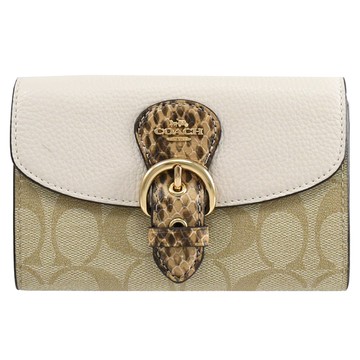 COACH CA440 KLEO 蟒蛇紋飾邊老花釦式中夾.卡其/白