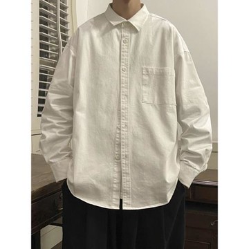 日系純棉白色襯衫男秋季高級感百搭長袖襯衣ins潮牌休閑情侶外套