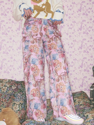粉色動物印花寬松高腰直筒長褲可愛童趣復古