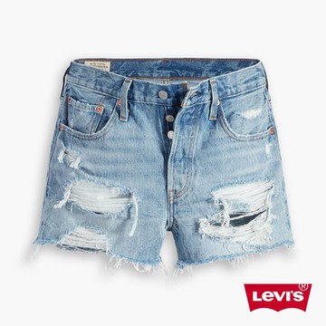 Levis 女款 501高腰排釦牛仔闊腿短褲 / 精工不規則大破壞工藝
