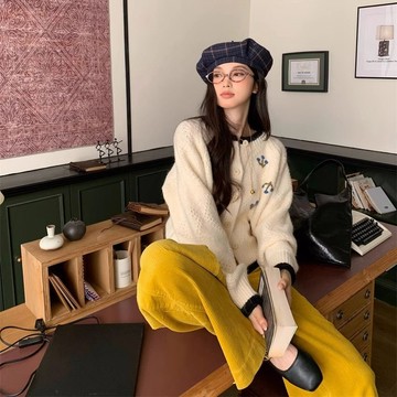 【砂糖夢境】溫柔風甜美鉤花撞色毛衣外套女秋冬2025新款時尚百搭軟糯針織開衫