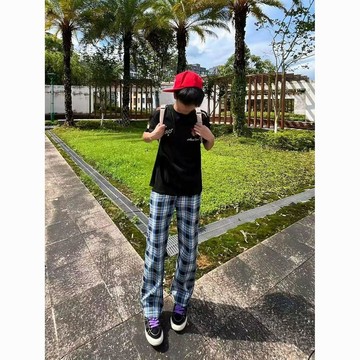 美式復古休閒格子褲男士夏季薄款鬆弛感寬鬆直筒衛褲藏青色闊腿褲 工裝寬褲 闊腿褲 寬鬆版型 工作褲 長褲