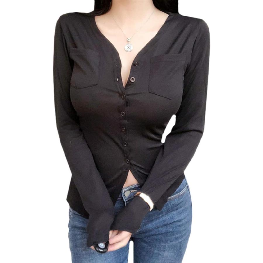 Vネック 長袖 カットソー セクシー トップス ロング T シャツ 前