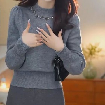 2025秋冬新款休閑百搭灰色手工繡珠設計氣質圓領保暖長袖針織衫潮