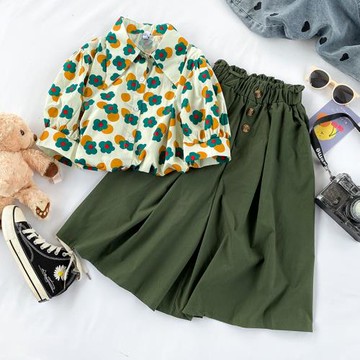 復古小眾拼色花朵翻領襯衣高腰垂感遮肉闊腿五分休閑裙褲洋氣套裝