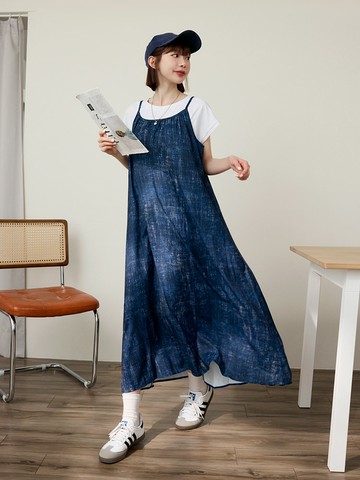 渲染印花抓皺細肩帶寬鬆長洋裝