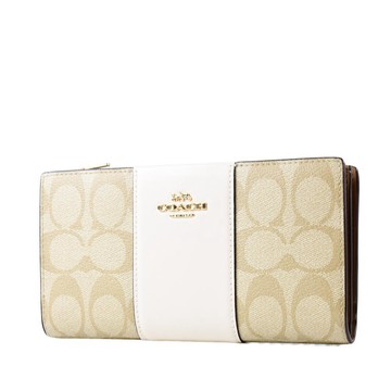 COACH 配色緹花LOGO防刮皮革雙釦對開長夾-白色